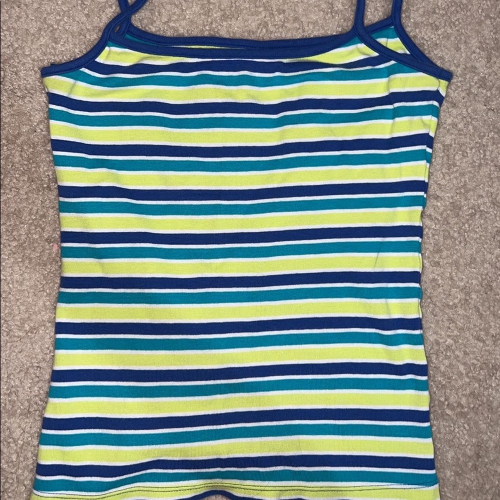 blue, green, and white casino striped tank top
